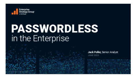 An ebook cover with data bits and byte images authored by Enterprise Strategy Group on the topic of Passwordless in the Enterprise